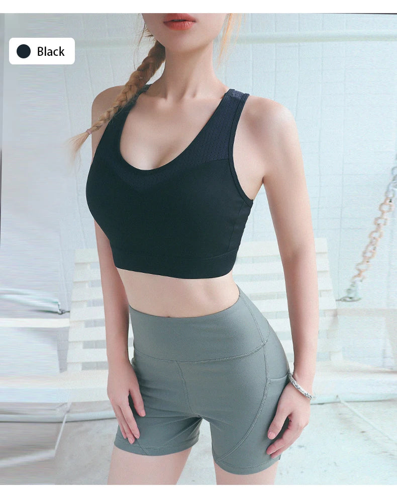 Breathable Mesh Sports Bra for Women Comfortable Yoga Gym Shirt High Impact Active Crop Fitness Push Up Brassiere Sportswear