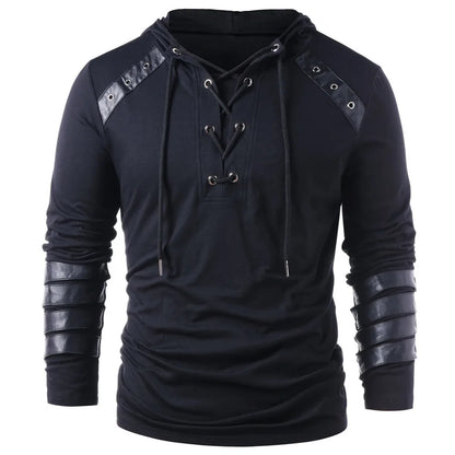 Men's Gothic Steampunk Hoodie Shirts Sweatshirt Lace Up Long Sleeve Pullover Hooded Casual Blouse Tops