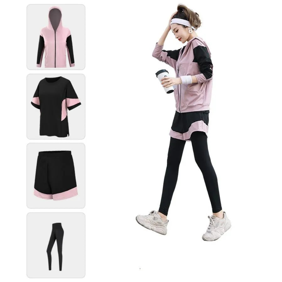 Plus Size Women Sports Set Quick Dry Outdoor Sports Running Coats+Bra+T Shirt+Pants+Shorts Fitness Gym Suits Clothing