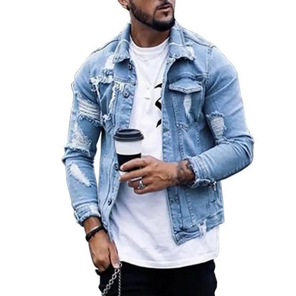 Autumn and Winter New Men's Jacket Fashion Casual Denim Jacket Men  Blue Color Lapel Ripped Jean Jacket