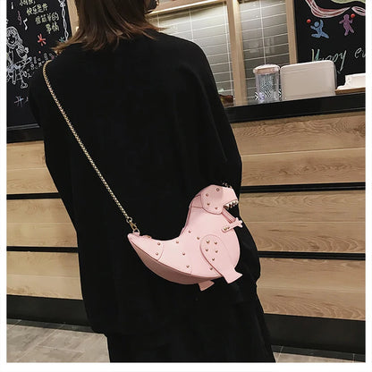 Trend Fashion 3D Dinosaur Design Rivets Pu Leather Girl's Chain Purse Shoulder Bag Tote Ladies Crossbody Mini Messenger Bag Flap