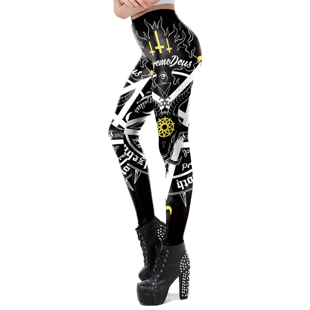 VIP FASHION Woman Gothic Leggings Sexy Steampunk Print Trousers Elastic Vintage Skinny Pencil Pants Ankle Length Cosplay Bottom