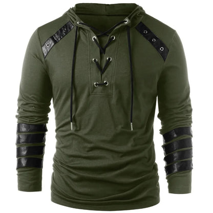 Men's Gothic Steampunk Hoodie Shirts Sweatshirt Lace Up Long Sleeve Pullover Hooded Casual Blouse Tops