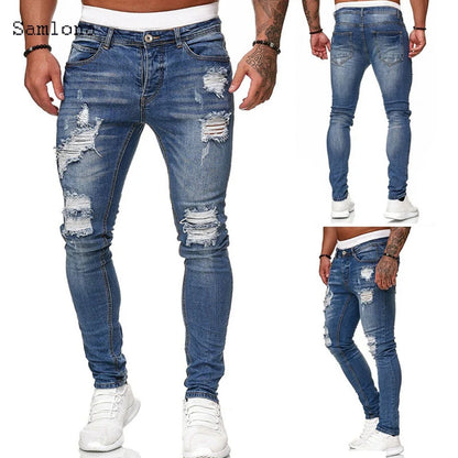 Samlona Jeans Mens Fashion Skinny Denim Pant Male Streetw New Patchwork Demin Pants Sexy Jeans Blue Grey Pencil Trouser