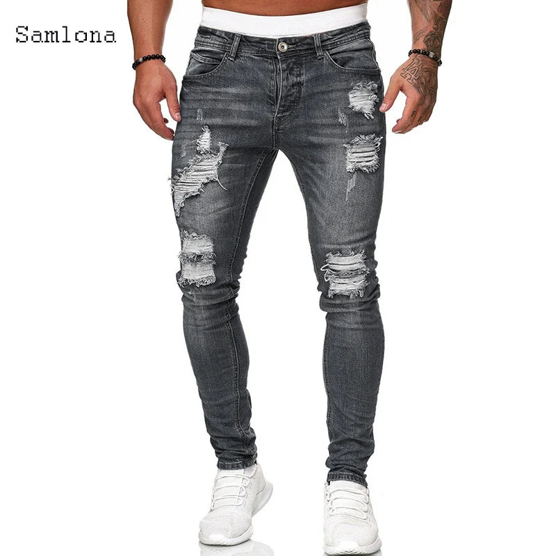 Samlona Jeans Mens Fashion Skinny Denim Pant Male Streetw New Patchwork Demin Pants Sexy Jeans Blue Grey Pencil Trouser