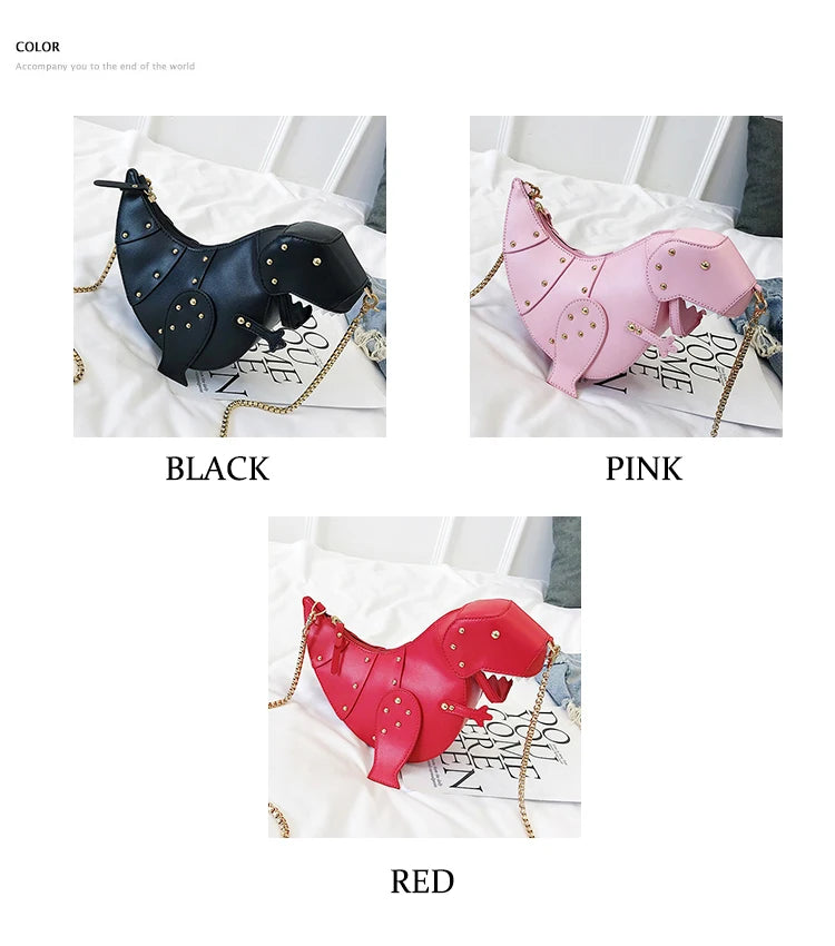 Trend Fashion 3D Dinosaur Design Rivets Pu Leather Girl's Chain Purse Shoulder Bag Tote Ladies Crossbody Mini Messenger Bag Flap