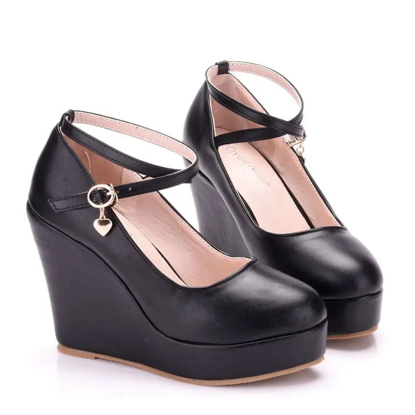 High Heels Plus Size Platform Wedges Female Pumps Women's Flock Buckle Ankle Strap Wedding Shoes