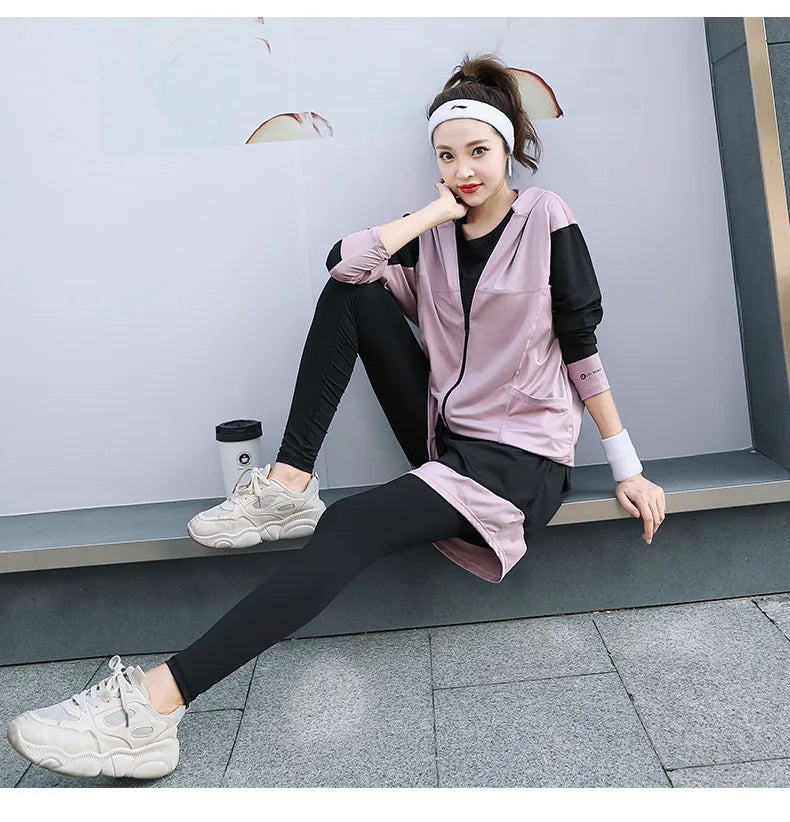 Plus Size Women Sports Set Quick Dry Outdoor Sports Running Coats+Bra+T Shirt+Pants+Shorts Fitness Gym Suits Clothing