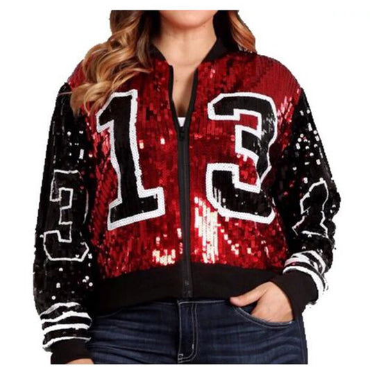 Sequin Long O Neck  Red Black 13 number  Sorority Sequin Jackets  Bling club Outerwear & Coats