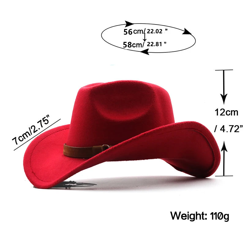 Fashion Men Women Western Cowboy Hat With Cow Head Band Wide Brim Hat Pop Jazz Hat Winter Wool Hat Size 56-58CM