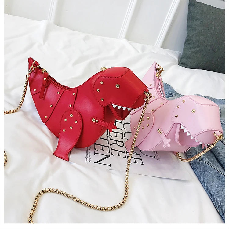 Trend Fashion 3D Dinosaur Design Rivets Pu Leather Girl's Chain Purse Shoulder Bag Tote Ladies Crossbody Mini Messenger Bag Flap