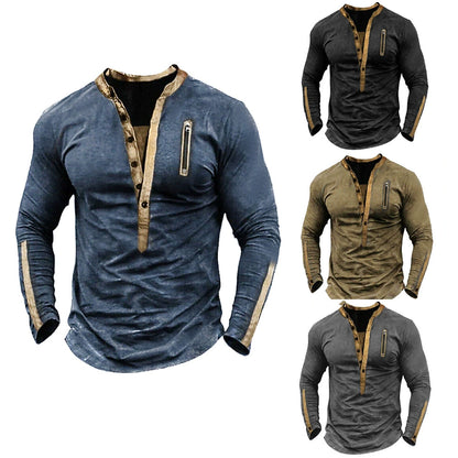 Casual Retro Pure Color Long Sleeves Casual Henley Shirt