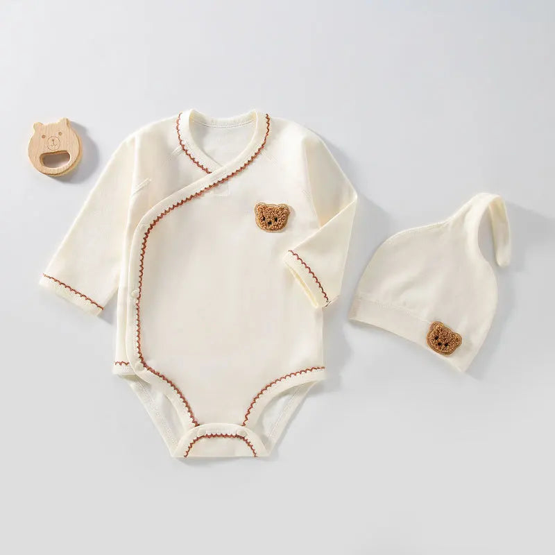 Korean Baby Romper+Beanie Set Cute Bear Infant Long Sleeve Jumpsuit Pure Cotton Newborn Onesie Clothes Toddler Triangle Bodysuit