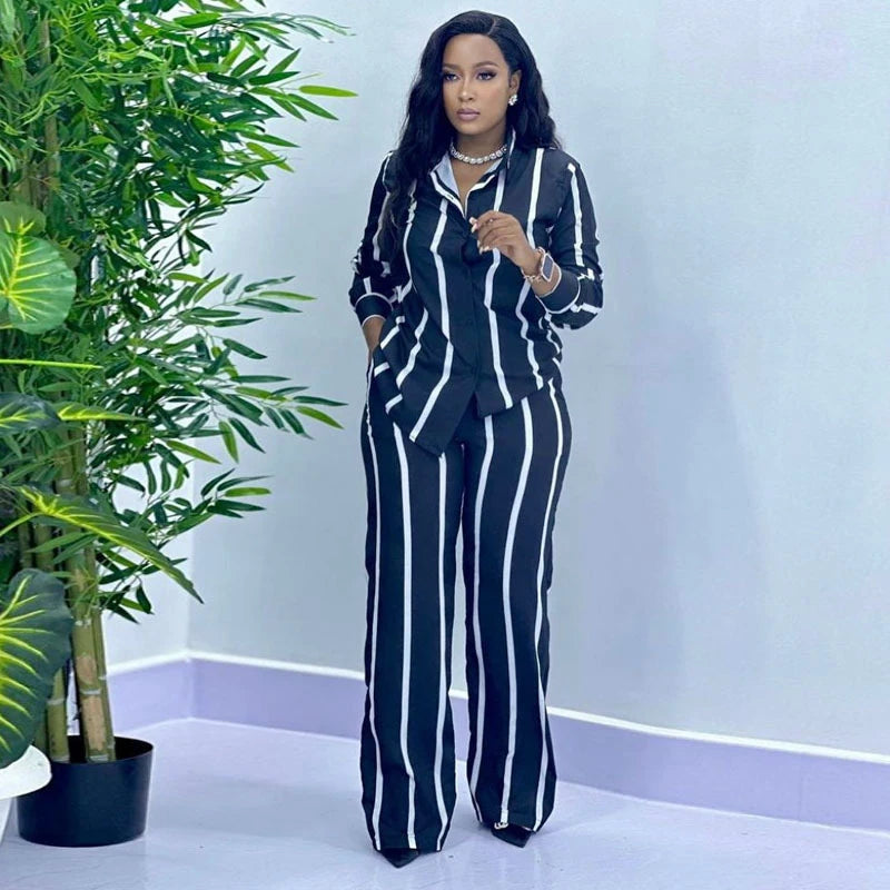 African Fashion Women Two Piece Set Stripe Printed Autumn Casual Button Long Sleeved Shirt Wide Leg Pants Two Piece Set Women