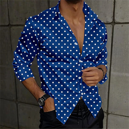 Fashion Men's Elegant Shirt Spotted 3D Printed Lapel Button Up Classic Long Sleeve Shirt Temperament Men's Partywear