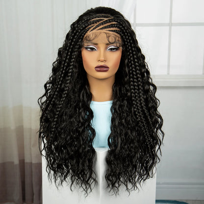 26 Inch Natural Water Wave Synthetic Braided Wigs Lace Braided Wig Curly Knotless Box Braids Wigs With Baby Hair for Black Woman