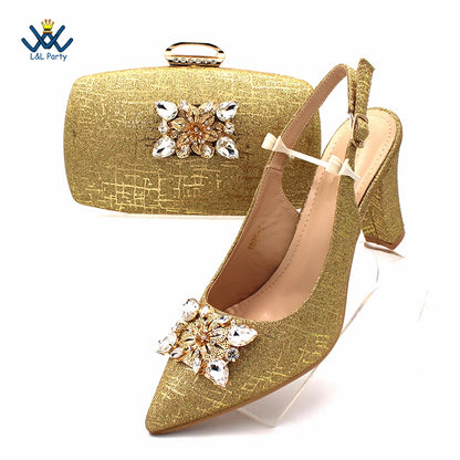 Champagne Color High Quality Women Pointed Toe Shoes Matching Bag Set for Nigerian Ladies Wedding Party