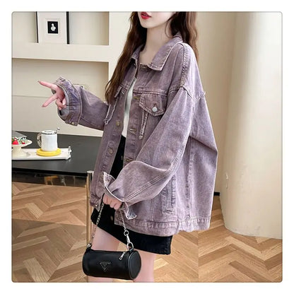 Casual Purple Denim Jacket for Women Loose Long-sleeved Autumn Outerwear Korean Style