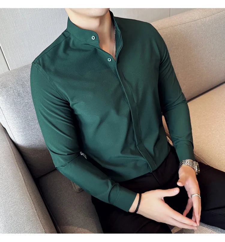 2024 New Stand Collar Luxury Shirts For Men High Quality Hide Buttons Design Solid Slim Fit Business Party Wedding Dress Shirts