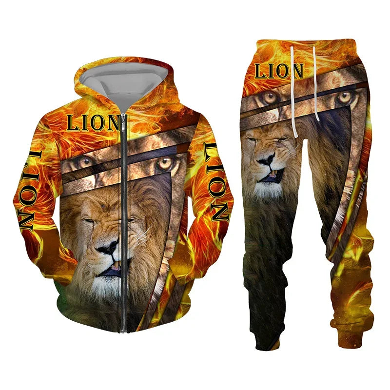 Men Zipper Hoodie Suit Autumn Winter Tracksuit Animal Lion 3D Print Sweatshirts Pants Sets Casual Oversize Clothing High-quality