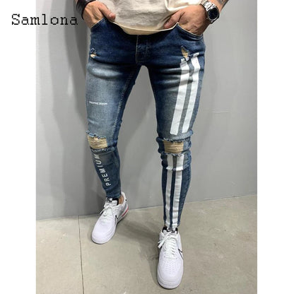 Samlona Jeans Mens Fashion Skinny Denim Pant Male Streetw New Patchwork Demin Pants Sexy Jeans Blue Grey Pencil Trouser