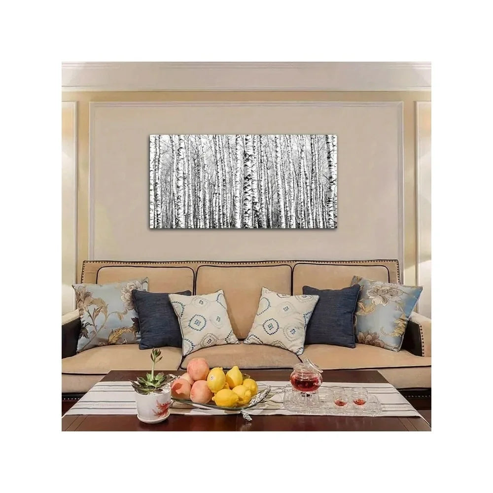 Framed large birch canvas wall art - modern black and white woodland scene, living room and home office fall style decor