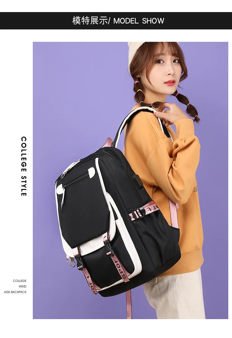 Cute Kawaii Kochou Shinobu Pattern Backpack Teenage Street Anime Backpack Kochou Shinobu Backpack USB Backpacks