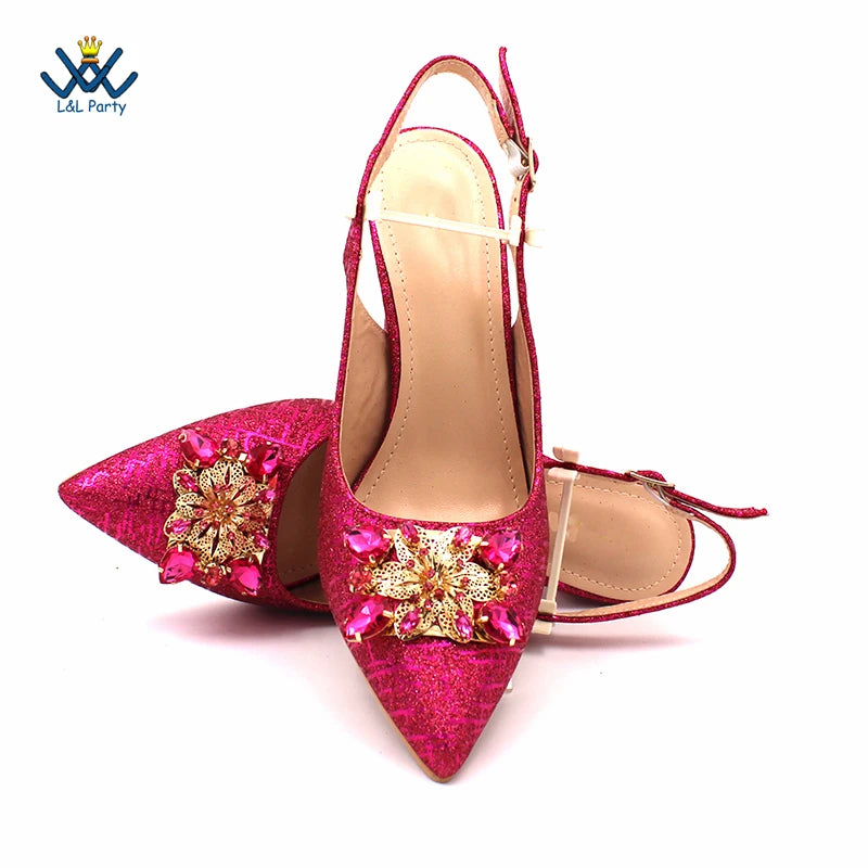 Champagne Color High Quality Women Pointed Toe Shoes Matching Bag Set for Nigerian Ladies Wedding Party