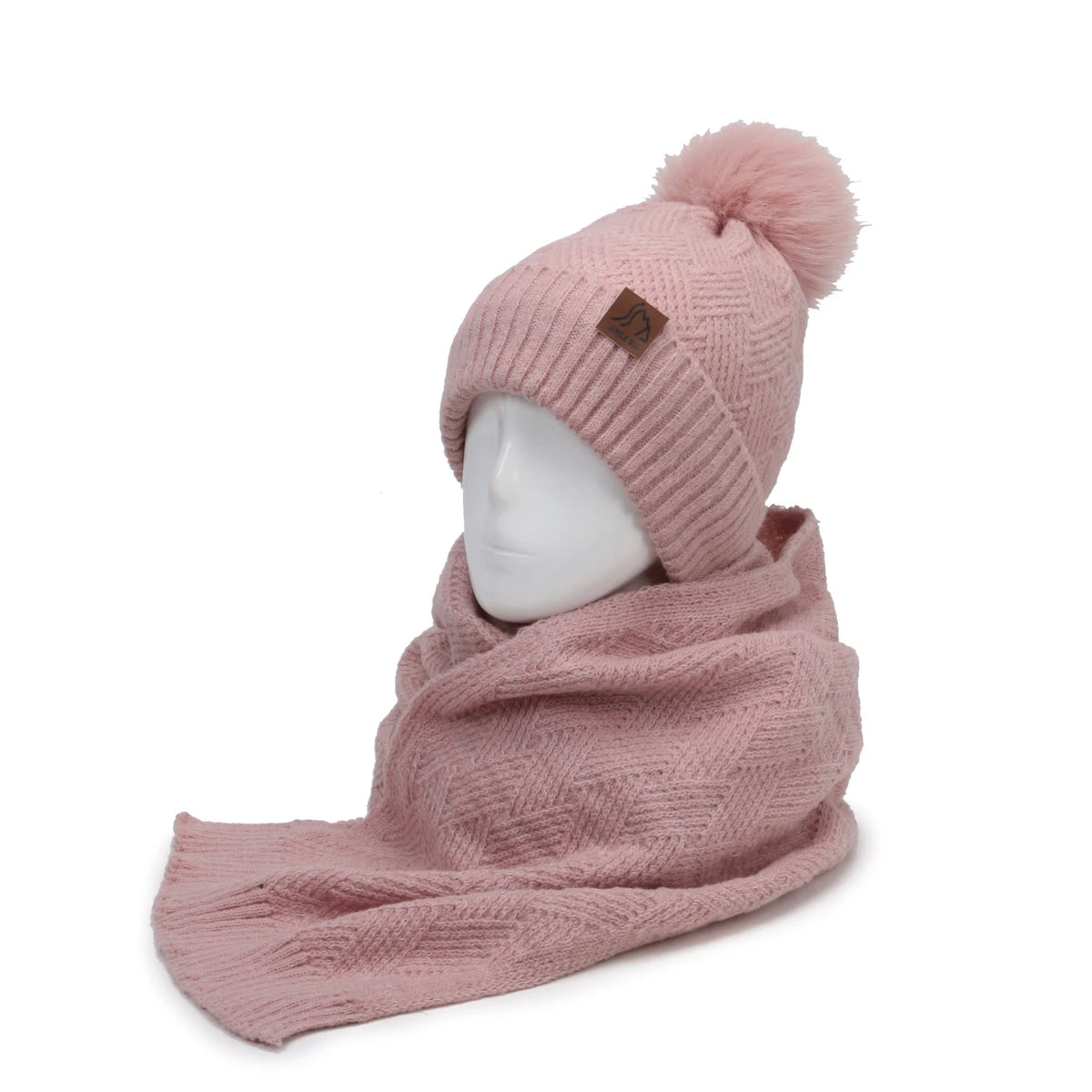 Women's Winter Double Layer Plus Fluff Ball Knit Hat Outdoor Warm Beanie Hat Two-Piece Set