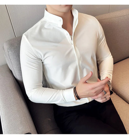 2024 New Stand Collar Luxury Shirts For Men High Quality Hide Buttons Design Solid Slim Fit Business Party Wedding Dress Shirts