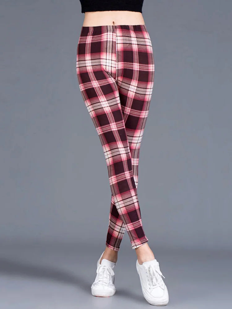 CUHAKCI Female Fitness Leggings Women Print Plaid Leggings Lady Sexy Slim Pencil Pants Push Up Elastic Waist Trousers