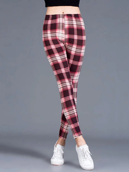 CUHAKCI Female Fitness Leggings Women Print Plaid Leggings Lady Sexy Slim Pencil Pants Push Up Elastic Waist Trousers