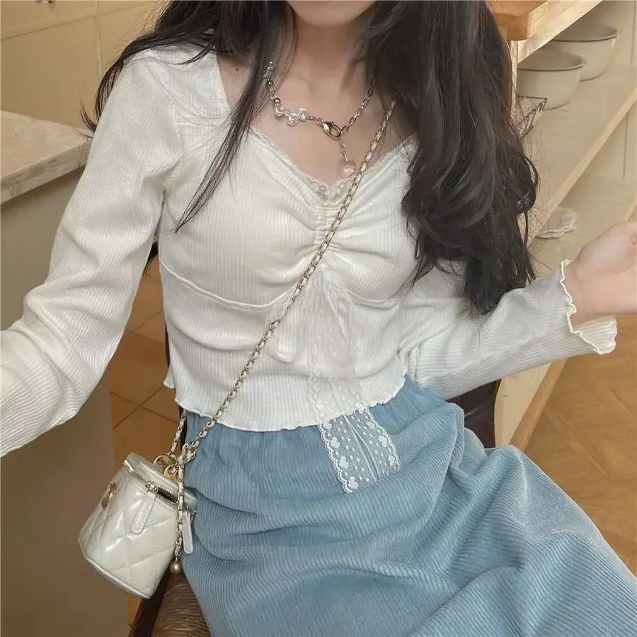 Solid T-shirts Women Spicy Girls Lace Patchwork Shirring Long Sleeve Korean Fashion Simple All-match Sweet Spring Cozy trendy