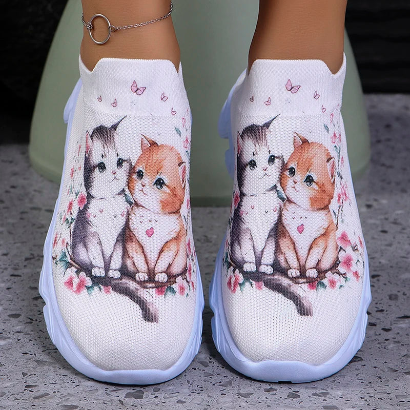 New Cute Cat Print Womens Casual Sneakers Autumn Soft Comfort Thick Bottom Running Shoes Breathable Lightweight Sport Shoes