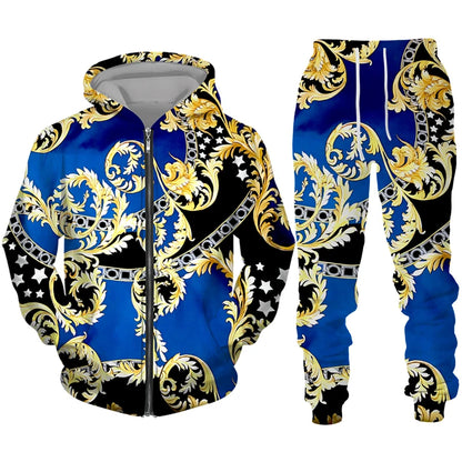 Men's Zipper Tracksuit Set Luxury Golden Pattern 3D Print Casual Hoodie Pants 2pcs Sets Oversize Sweatshirt Fashion Man Clothes