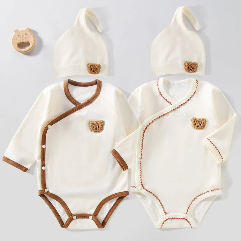 Korean Baby Romper+Beanie Set Cute Bear Infant Long Sleeve Jumpsuit Pure Cotton Newborn Onesie Clothes Toddler Triangle Bodysuit