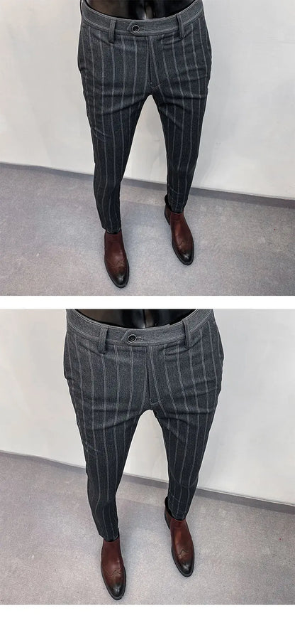 Men Stripes Suit Pants Spring New High-quality Slim Dress Fashion Casual Trousers Mens Clothing Formal Full Length Pants