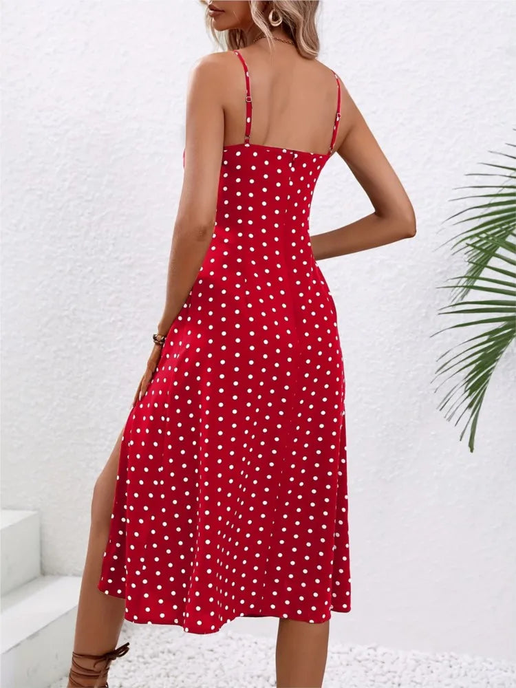 Summer Sexy Spaghetti Straps Dress Women Fashion Polka Dot Print Sleeveless Slit Dress Boho Casual Beach Midi Dresses