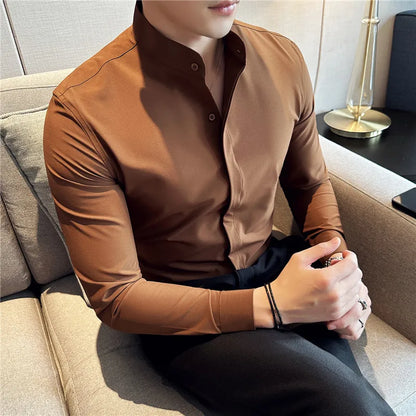 2024 New Stand Collar Luxury Shirts For Men High Quality Hide Buttons Design Solid Slim Fit Business Party Wedding Dress Shirts