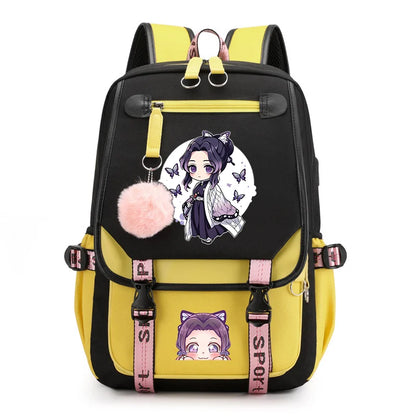 Cute Kawaii Kochou Shinobu Pattern Backpack Teenage Street Anime Backpack Kochou Shinobu Backpack USB Backpacks