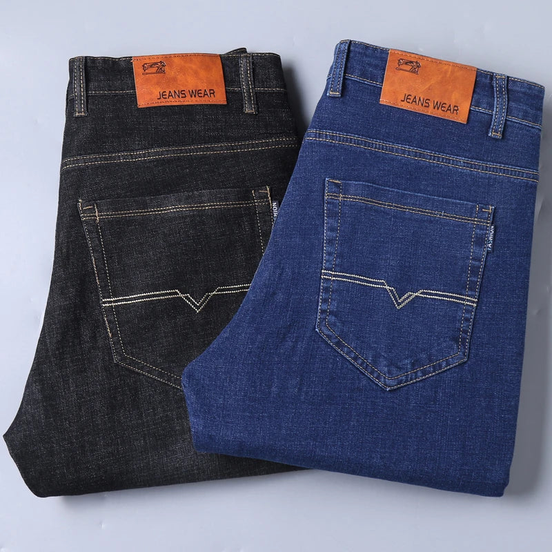 Men's Fashion Business Jeans Classic Style Casual Stretch Slim Jean Pants Male Brand Denim Trousers Black Blue