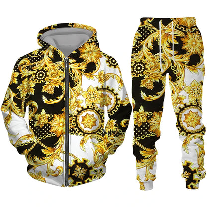 Men's Zipper Tracksuit Set Luxury Golden Pattern 3D Print Casual Hoodie Pants 2pcs Sets Oversize Sweatshirt Fashion Man Clothes