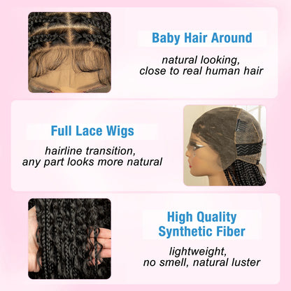 36 Inches Long Boho Braided Wigs with Baby Hair Synthetic Full Lace Knotless Box Braiding Wig with Curly Lace Frontal Wig