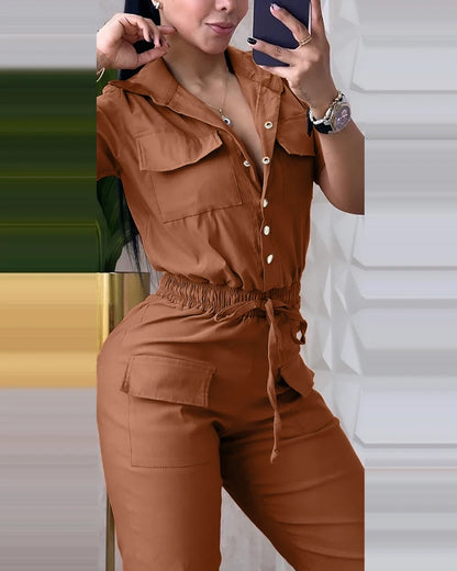 Jumpsuit Women 2024 Summer Solid Color Button Pocket Design Lapel Short Sleeved Casual Elastic Waist Cuffed Cargo Jumpsuit