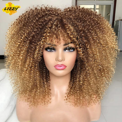 Short Afro Curly Wig With Bangs Synthetic African Fluffy Black Ombre Brown Curly Women's Wigs