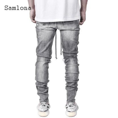 Samlona Jeans Mens Fashion Skinny Denim Pant Male Streetw New Patchwork Demin Pants Sexy Jeans Blue Grey Pencil Trouser