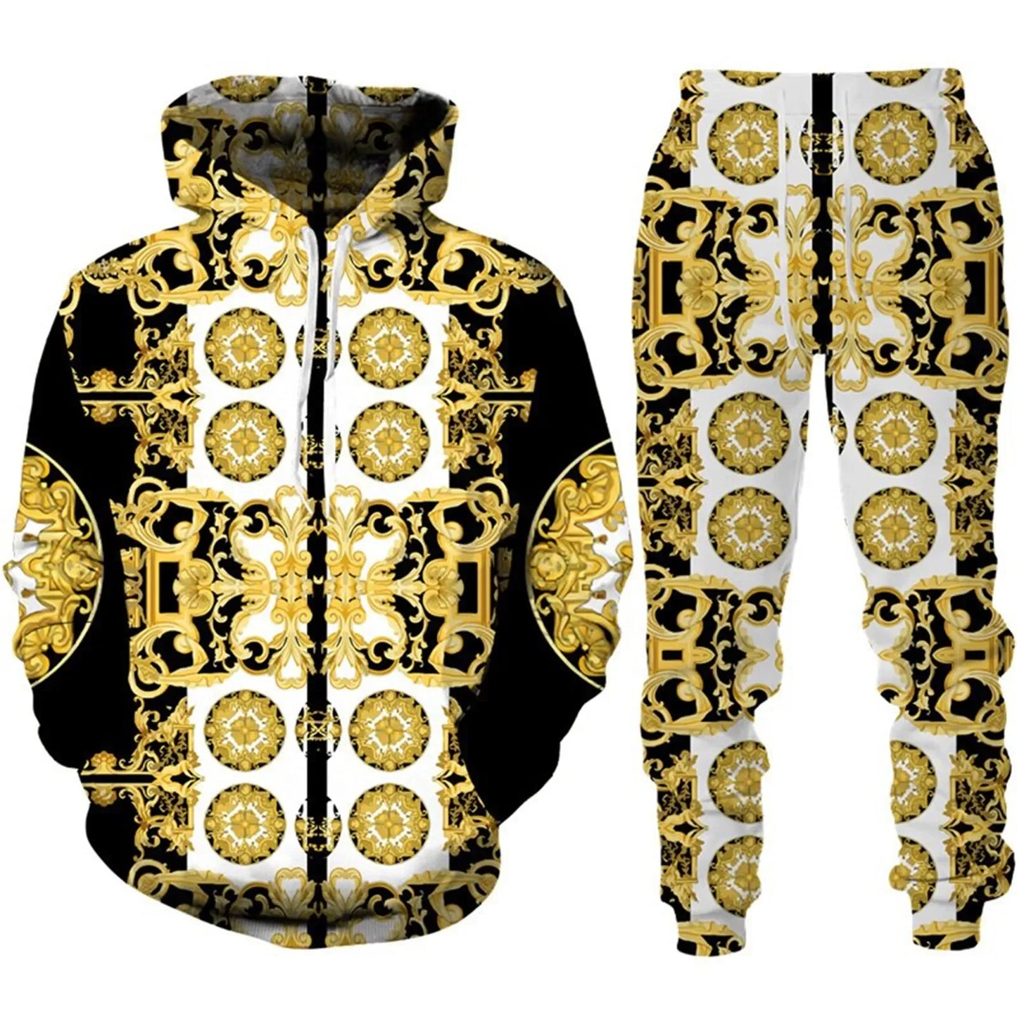 Men Zipper Hoodies Set Luxury Golden Pattern 3D Print Casual Tracksuit+Pants 2pcs Sets Oversized Sweatshirt Fashion High-quality