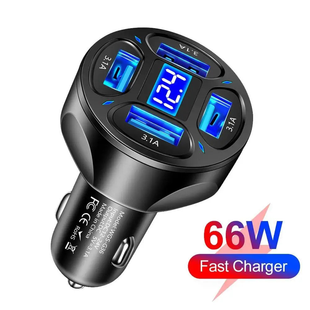 4 Ports USB 3.0 Car Charger 66W Fast Charging Quick Charge Car Mobile Phone Charger Adapter For iPhone 14 13 mi