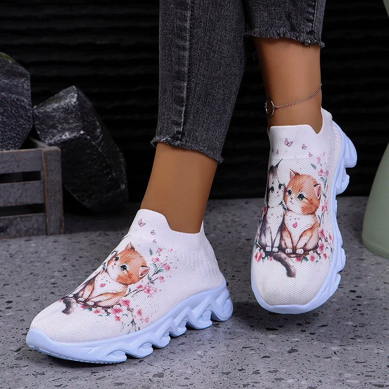 New Cute Cat Print Womens Casual Sneakers Autumn Soft Comfort Thick Bottom Running Shoes Breathable Lightweight Sport Shoes