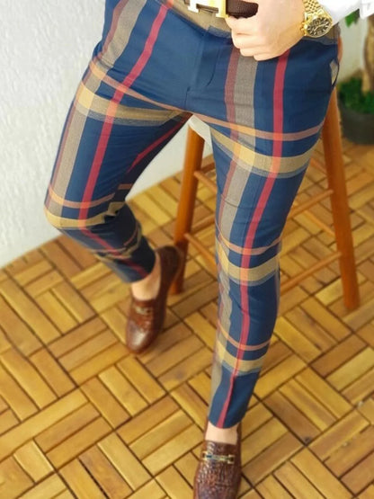 New Trend European and American Slim Fit Men's Business Casual Pants Long Pants 3D Plaid Men's Pants Large